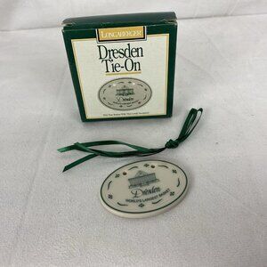 Longaberger Dresden Tie-On Made in USA Green Print Beige Oval w/ Green‎ Ribbon